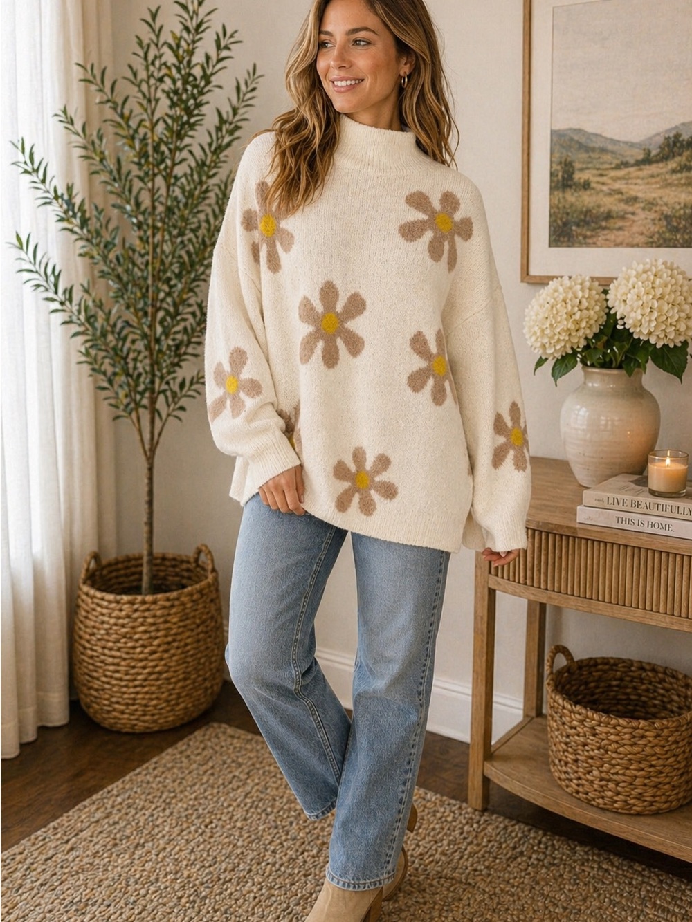 Chelsea & Theodore Floral Sweater XL Cream Oversized Soft Cozy Knit Daisy Print - Picture 2 of 5